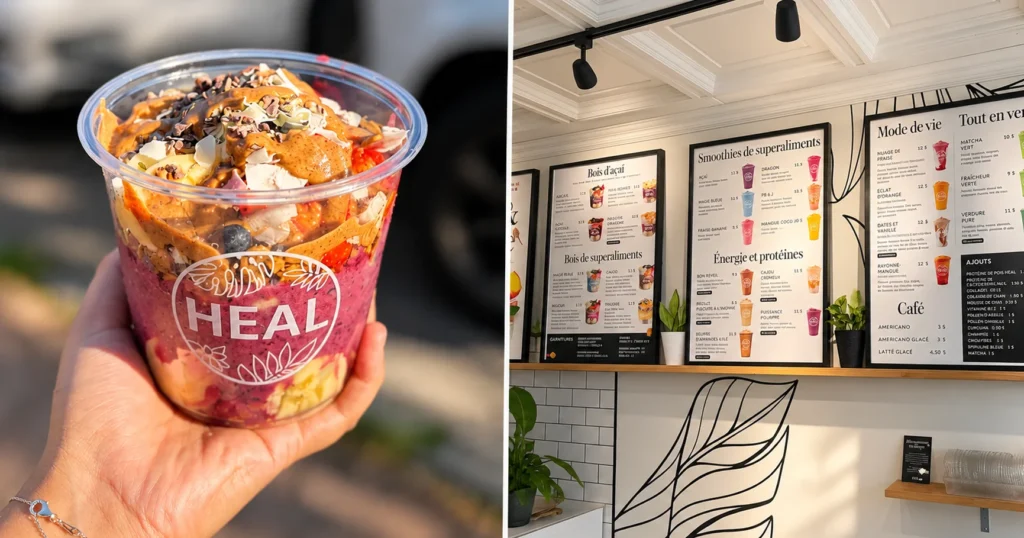 HEAL Wellness açaí bowl and menu inside the Pointe-Claire location
