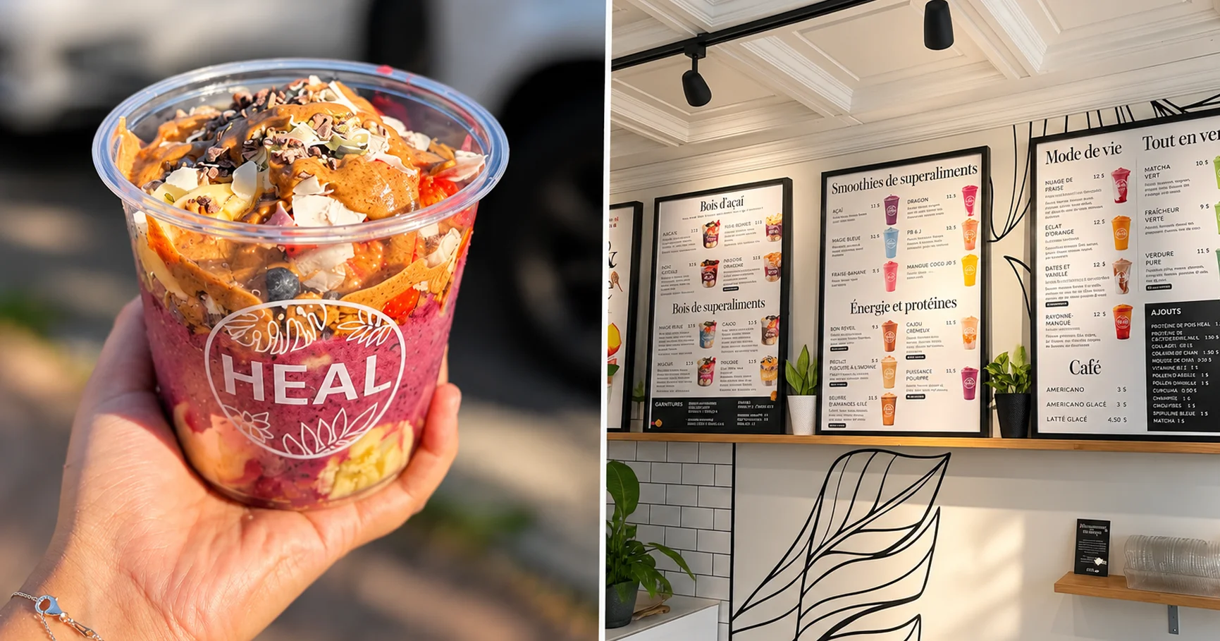 HEAL Wellness açaí bowl and menu inside the Pointe-Claire location